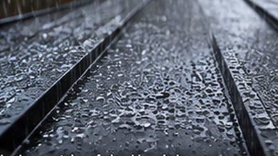Rain falling on a standing seam metal roof