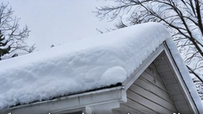 Deep snow accumulated on a residential roof in Minnesota after a winter storm