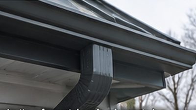 Six-inch gutter with oversized downspout installed below a standing seam metal roof