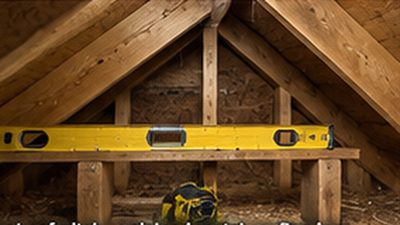 Measuring roof pitch with a level and tape measure in an attic