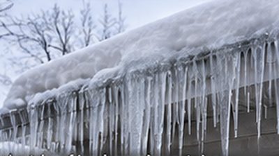 Thick ice dam and icicles along the eave of a Minnesota house in midwinter