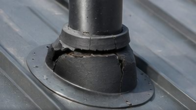Roofer inspecting a failed pipe boot on a metal roof in Monticello, Minnesota