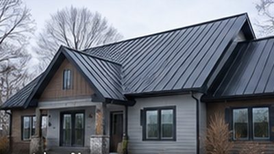 Charcoal standing seam metal roof on a Monticello, Minnesota home after a winter snowfall